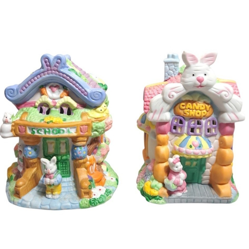 Set of 2 Hoppy Hollow 2002 Multicolor Easter Village‎ School & Candy Shop
